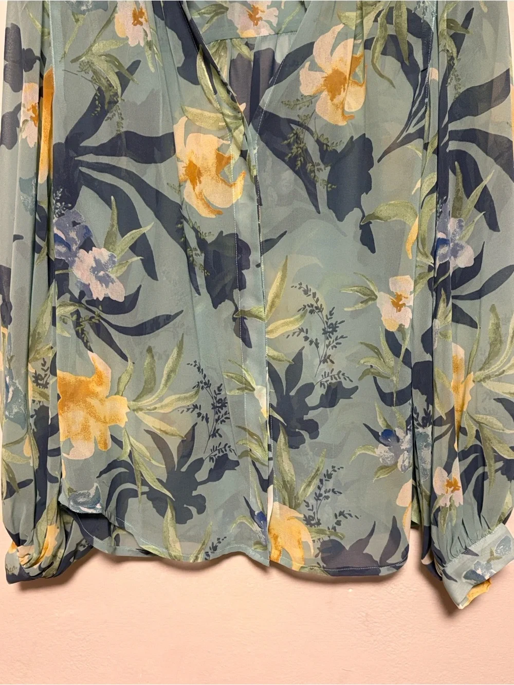CHICO’S Floral Sheer Long Sleeve Blouse Blue Green Women’s US 4